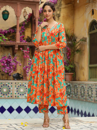 Orange Cotton Floral Print A Line Kurta Bottom Set