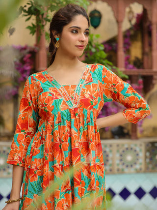 Orange Cotton Floral Print A Line Kurta Bottom Set