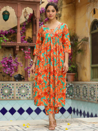 Orange Cotton Floral Print A Line Kurta Bottom Set