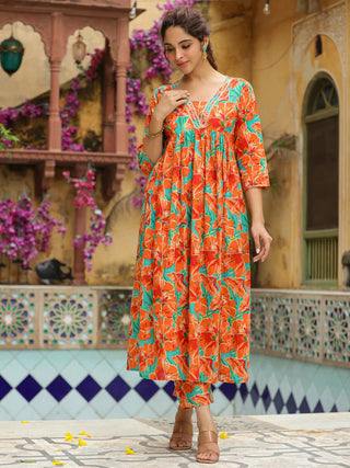 Orange Cotton Floral Print A Line Kurta Bottom Set