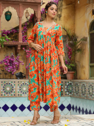 Orange Cotton Floral Print A Line Kurta Bottom Set