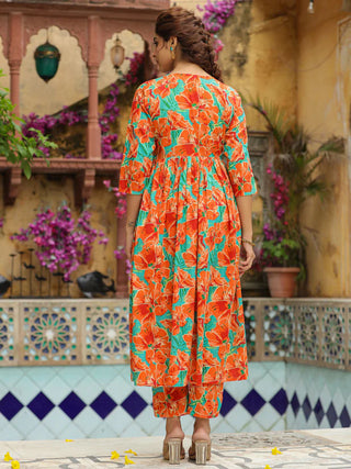 Orange Cotton Floral Print A Line Kurta Bottom Set