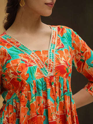 Orange Cotton Floral Print A Line Kurta Bottom Set