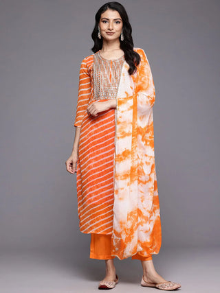 Orange Leheriya Zari Embroidered Silk Georgette Kurta with Shatoon Botton and a Silk Chiffon Dupatta