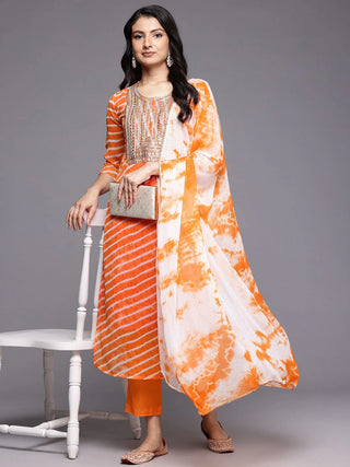 Orange Leheriya Zari Embroidered Silk Georgette Kurta with Shatoon Botton and a Silk Chiffon Dupatta