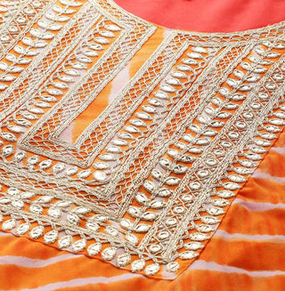 Orange Leheriya Zari Embroidered Silk Georgette Kurta with Shatoon Botton and a Silk Chiffon Dupatta