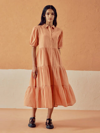 Solid Orange Lenin Midi Dress