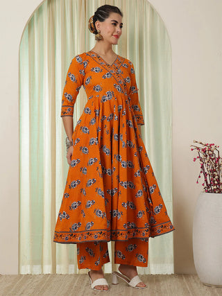 Orange Pure Cotton Floral Print Anarkali Shape Suit Set with Dupatta