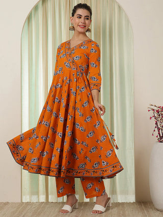 Orange Pure Cotton Floral Print Anarkali Shape Suit Set with Dupatta
