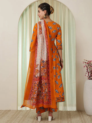 Orange Pure Cotton Floral Print Anarkali Shape Suit Set with Dupatta