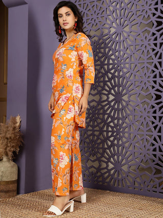 Orange Pure Cotton Printed Kurta Bottom Set