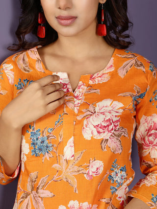 Orange Pure Cotton Printed Kurta Bottom Set