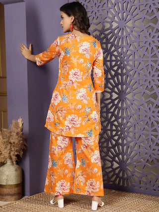 Orange Pure Cotton Printed Kurta Bottom Set