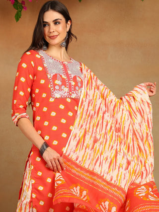 Orange Rayon Blend Bandhani Print & Embroidered Straight Shape Suit Set with Dupatta