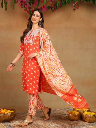 Orange Rayon Blend Bandhani Print & Embroidered Straight Shape Suit Set with Dupatta