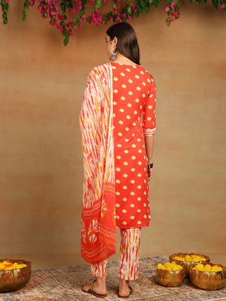 Orange Rayon Blend Bandhani Print & Embroidered Straight Shape Suit Set with Dupatta