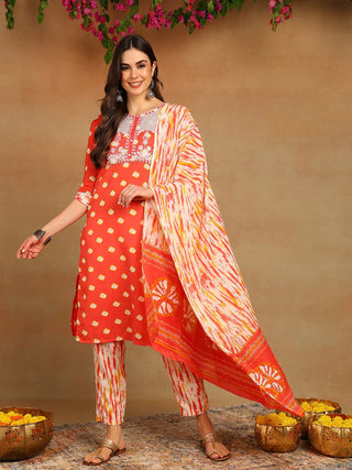 Orange Rayon Blend Bandhani Print & Embroidered Straight Shape Suit Set with Dupatta