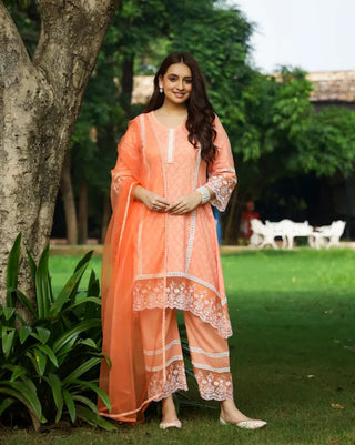 Orange Cotton Floral Thread Embroidered Suit Set with Dupatta