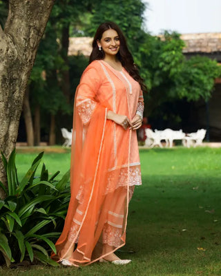 Orange Cotton Floral Thread Embroidered Suit Set with Dupatta