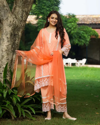 Orange Cotton Floral Thread Embroidered Suit Set with Dupatta