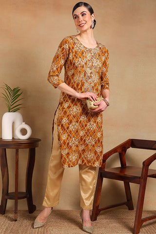 Orange Viscose Rayon Ethnic Motif Print & Embroidered Straight Cut Kurta