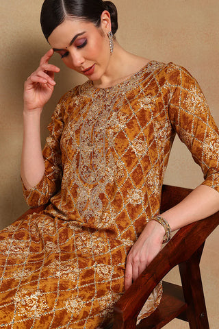 Orange Viscose Rayon Ethnic Motif Print & Embroidered Straight Cut Kurta