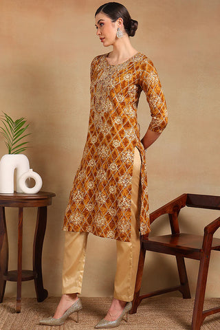 Orange Viscose Rayon Ethnic Motif Print & Embroidered Straight Cut Kurta