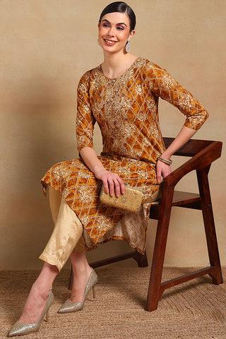 Orange Viscose Rayon Ethnic Motif Print & Embroidered Straight Cut Kurta