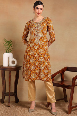 Orange Viscose Rayon Ethnic Motif Print & Embroidered Straight Cut Kurta