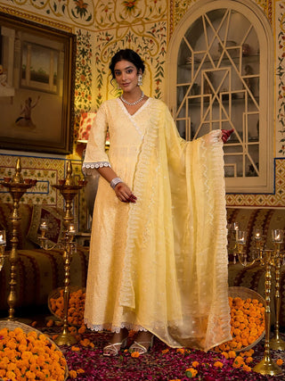 Cotton Yellow Chikankari Sequins Embroidered Angrakha Style Anarkali Set With Organza Dupatta