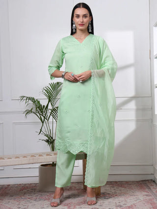 Green Silk Blend Cotton Lining Embroidered Straight Shape Suit Set with Dupatta