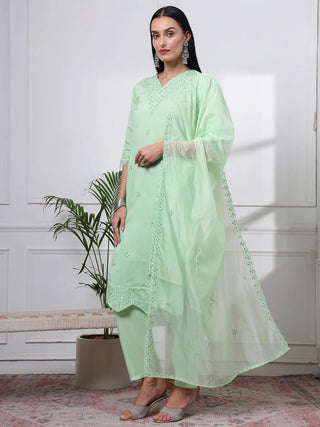 Green Silk Blend Cotton Lining Embroidered Straight Shape Suit Set with Dupatta
