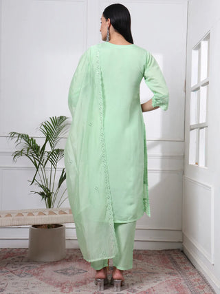 Green Silk Blend Cotton Lining Embroidered Straight Shape Suit Set with Dupatta