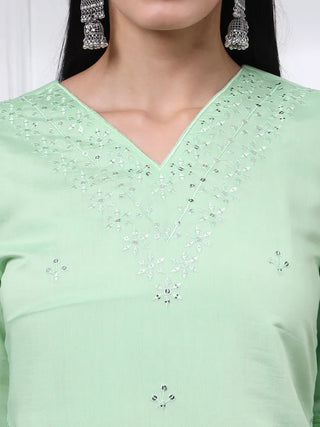 Green Silk Blend Cotton Lining Embroidered Straight Shape Suit Set with Dupatta