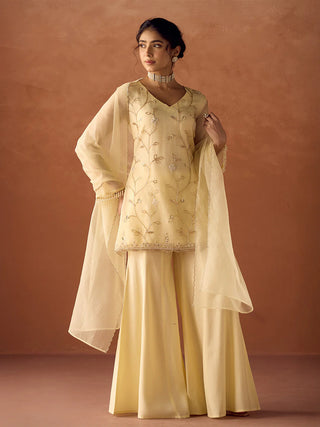 Pastel Yellow Organza Hand Embroidered A-Line Suit Set with Dupatta