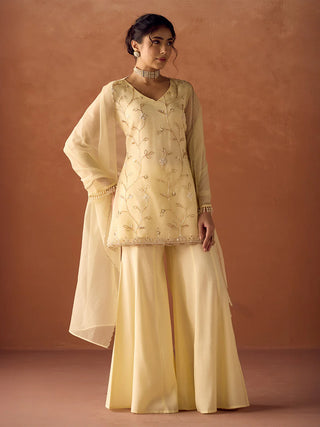 Pastel Yellow Organza Hand Embroidered A-Line Suit Set with Dupatta