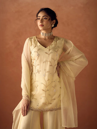 Pastel Yellow Organza Hand Embroidered A-Line Suit Set with Dupatta