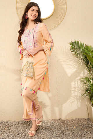 Peach Viscose Rayon Mirror Work Embroidered Straight Shape Kurta Trouser CO-Ord Set