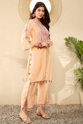 Peach Viscose Rayon Mirror Work Embroidered Straight Shape Kurta Trouser CO-Ord Set