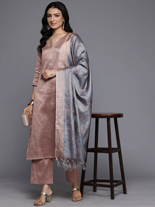 Peach & Grey Silk Blend Woven Embellished Straight Shape Suit Set with Dupatta