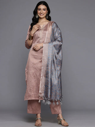 Peach & Grey Silk Blend Woven Embellished Straight Shape Suit Set with Dupatta