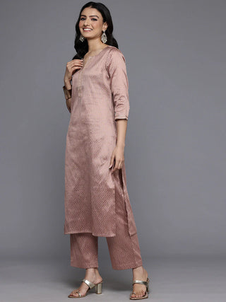 Peach & Grey Silk Blend Woven Embellished Straight Shape Suit Set with Dupatta