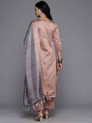 Peach & Grey Silk Blend Woven Embellished Straight Shape Suit Set with Dupatta