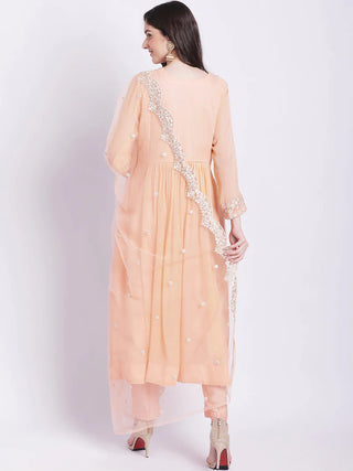 Peach Anarkali Kurti Suit Set With Net Dupatta