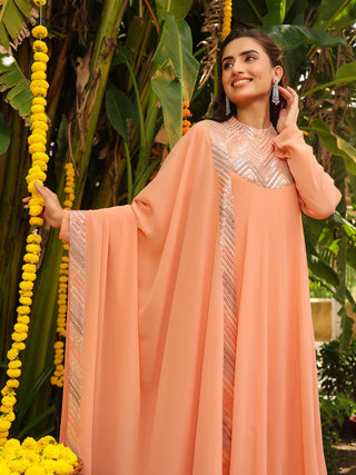 Peach Georgette Sequined Detailing Anarkali Suit Set with Dupatta