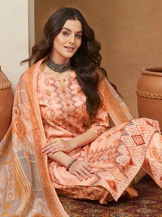 Peach Cotton Blend Geometric Print Suit Set with Chanderi Blend Dupatta
