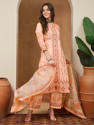 Peach Cotton Blend Geometric Print Suit Set with Chanderi Blend Dupatta