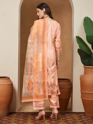 Peach Cotton Blend Geometric Print Suit Set with Chanderi Blend Dupatta