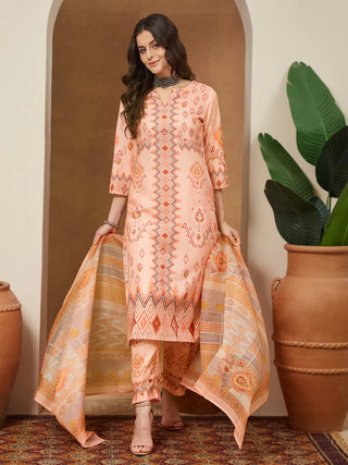 Peach Cotton Blend Geometric Print Suit Set with Chanderi Blend Dupatta
