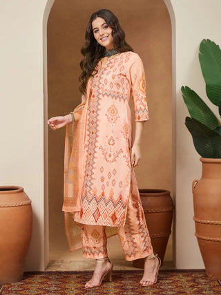 Peach Cotton Blend Geometric Print Suit Set with Chanderi Blend Dupatta